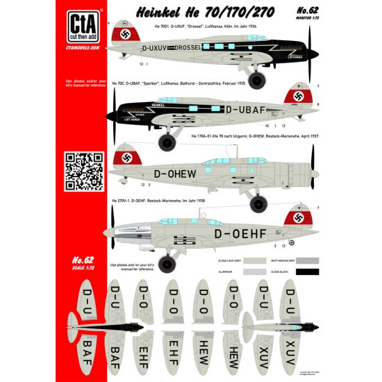 Cta Models 062 1/72 Heinkel He 70 / 170 / 270 Lufthansa 2 Markings, He 170a-01, He 270v1