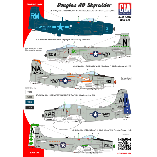 Cta Models 068 1/72 Decal For Douglas Ad Skyraider Usmc/Usn 5 Markings