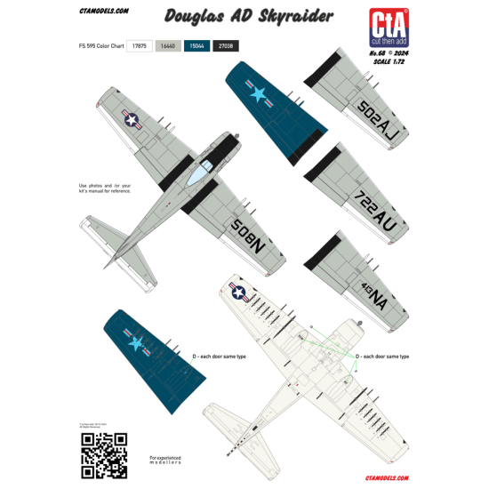 Cta Models 068 1/72 Decal For Douglas Ad Skyraider Usmc/Usn 5 Markings