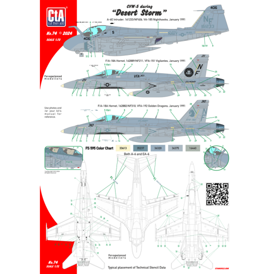 Cta Models 074 1/72 Decal Cvw-5 During Desert Storm Ea-6b 1 E-2c 1 Sh-3h 1 A-6e 2 F/A-18a 3