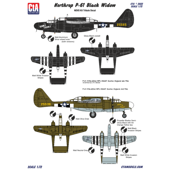 Cta Models 099 1/72 Decal Northrop P-61a Black Widow Usaaf Improved Decal Based On Decal From Frog