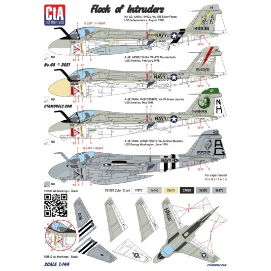 Cta Models 045 1/144 Decal Flock Of Intruder A-6 Attack And Tanker Versions 9 Markings Usn