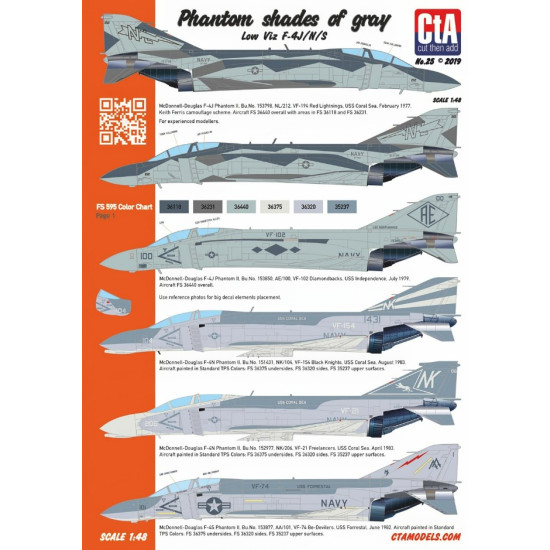 Cta Models 025 1/48 Decal Phantom Shades Of Gray Low Viz F-4j/N/S, 7 Markings