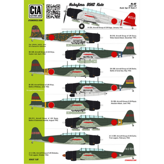 Cta Models 063 1/32 Decal Nakajima B5n2 11 Markings, January 1941 October 1944