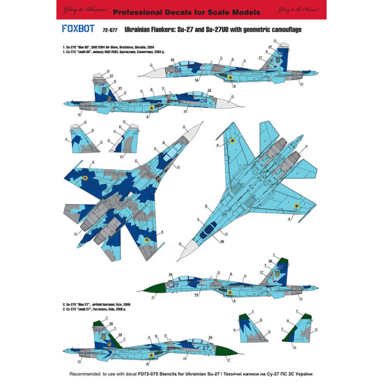 Foxbot 72-077 1/72 Ukrainian Su/27 And Su/27ub With Geometric Camouflage For Airfix Hasegawa Heller Icm Trumpeter Kits