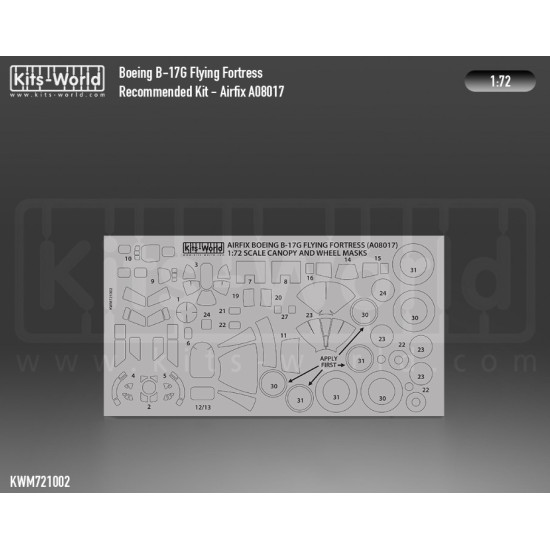 Kits World Kwm72-1002 1/72 Boeing B-17g Flying Fortress Wheels And Canopy Frame Paint Mask Outside Only Designed To Be Used With Airfix Ax08017 Kits