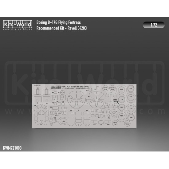 Kits World Kwm72-1003 1/72 Boeing B-17g Flying Fortress Wheels And Canopy Frame Paint Mask Outside Only Designed To Be Used With Revell Rv4283 Kits