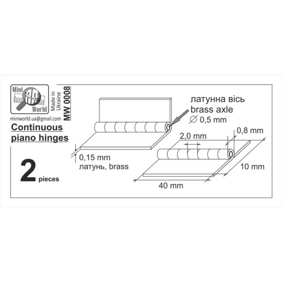 Mini World Mw0008 Continuous Piano Hinges Brass Axle 0/5mm Loop Pitch 2/0mm 2 Pieces