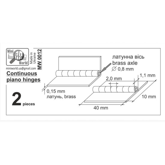 Mini World Mw0012 Continuous Piano Hinges Brass Axle 0/8mm Loop Pitch 2/0mm 2 Pieces