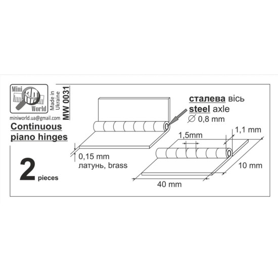 Mini World Mw0031 Continuous Piano Hinges Steel Axle 0/8mm Loop Pitch 1/5mm 2 Pieces