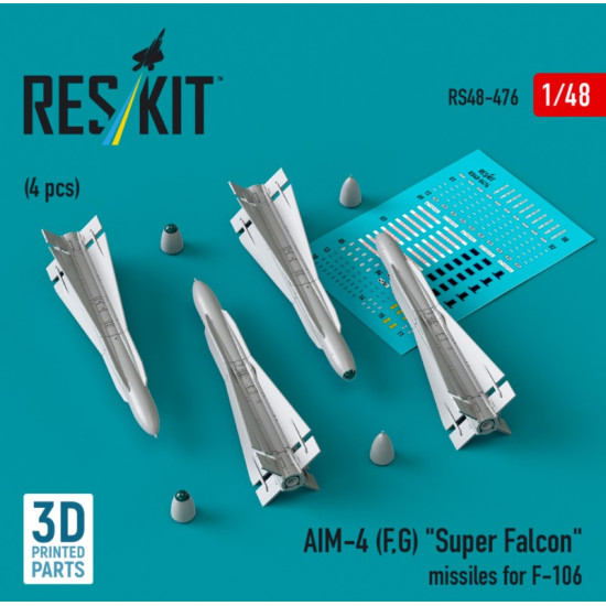 Reskit Rs48-0476 1/48 Aim-4 F G Super Falcon Missiles For F-106 4 Pcs 3d Printed