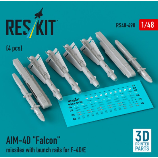 Reskit Rs48-0490 1/48 Aim-4d Falcon Missiles With Launch Rails For F-4d/E 4 Pcs 3d Printed