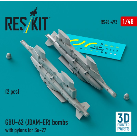 Reskit Rs48-0492 1/48 Gbu-62 Jdam-er Bombs With Pylons For Su-27 Flanker 2 Pcs 3d Printed