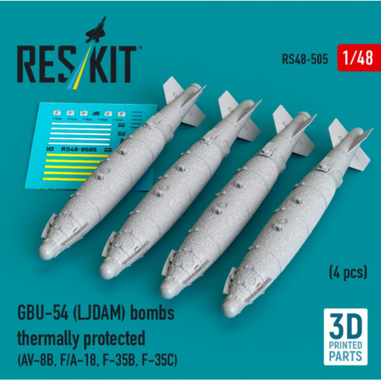 Reskit Rs48-0505 1/48 Gbu-54 Ljdam Bombs Thermally Protected 4 Pcs Av-8b F/A-18a-f F-35b F-35c 3d Printed