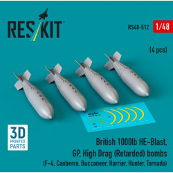 Reskit Rs48-0512 1/48 British 1000lb He-blast Gphigh Drag Retarded Bombs 4pcs F-4 Canberra Buccaneer Harrier Hunter Tornado 3d Printed