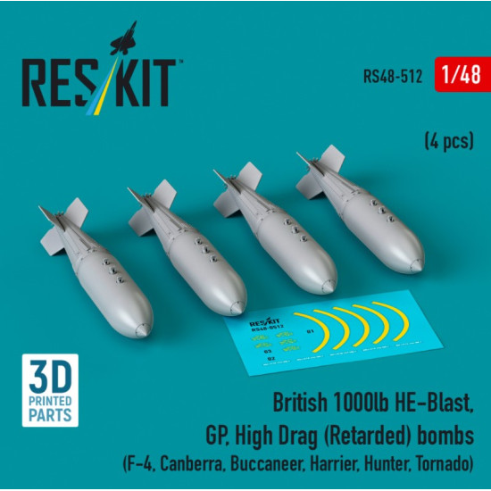 Reskit Rs48-0512 1/48 British 1000lb He-blast Gphigh Drag Retarded Bombs 4pcs F-4 Canberra Buccaneer Harrier Hunter Tornado 3d Printed