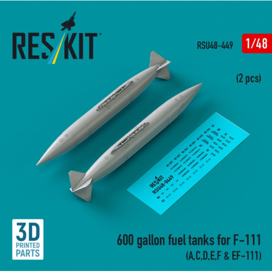 Reskit Rsu48-0449 1/48 600 Gallon Fuel Tanks For F-111 A C D E F Ef-111 2 Pcs 3d Printed