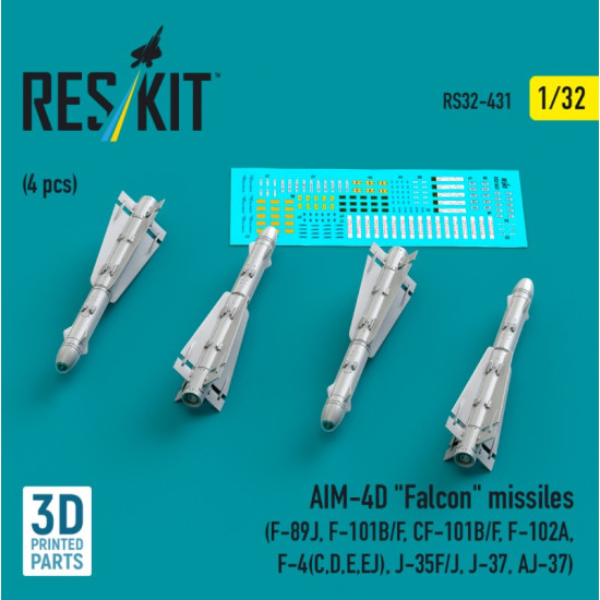 Reskit Rs32-0431 1/32 Aim-4d Falcon Missiles 4 Pcs F-89j F-101b/F Cf-101b/F F-102a F-4 C D E Ej J-35f/J J-37 Aj-37 3d Printed Reskit Rs32-0431 1/32 Aim-4d Falcon Missiles 4 Pcs F-89j F-101b/F Cf-101b/F F-102a F-4 C D E Ej J-35f/J J-37 Aj-37 3d Printed