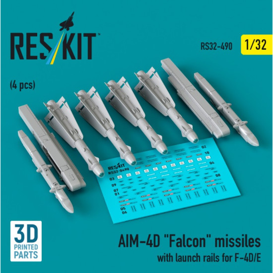 Reskit Rs32-0490 1/32 Aim-4d Falcon Missiles With Launch Rails For F-4d/E 4 Pcs 3d Printed