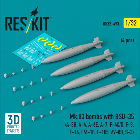 Reskit Rs32-0493 1/32 Mk83 Bombs With Bsu-35 4 Pcs A-3b A-4 A-6e A-7 F-4c/D F-8 F-14 F/A-18 F-105 Av-8b S-3 3d Printed