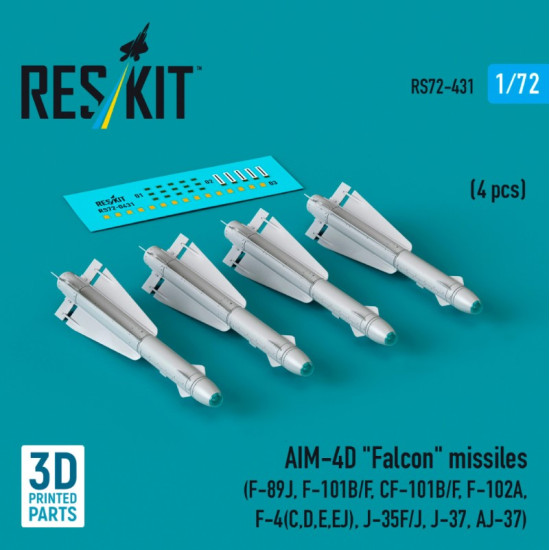 Reskit Rs72-0431 1/72 Aim-4d Falcon Missiles 4 Pcs F-89j F-101b/F Cf-101b/F F-102a F-4 C D E Ej J-35f/J J-37 Aj-37 3d Printed