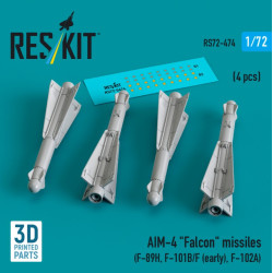 Reskit Rs72-0474 1/72 Aim-4 Falcon Missiles 4 Pcs F-89h F-101b/F Early F-102a 3d Printed