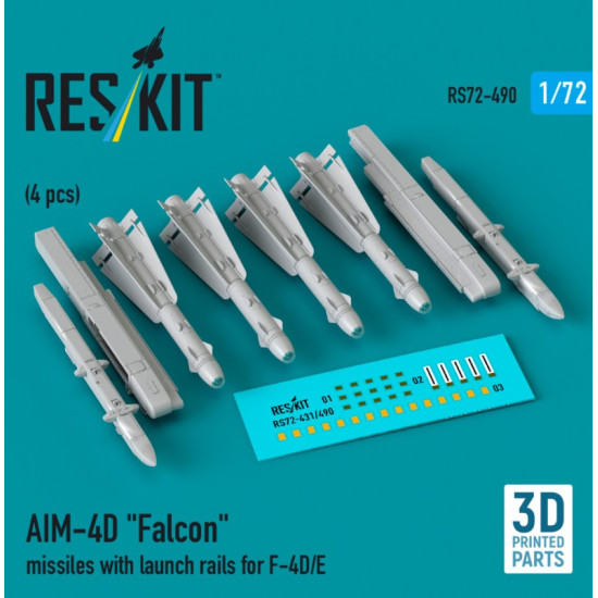 Reskit Rs72-0490 1/72 Aim-4d Falcon Missiles With Launch Rails For F-4d/E 4 Pcs 3d Printed