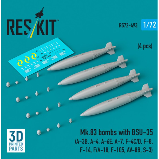 Reskit Rs72-0493 1/72 Mk83 Bombs With Bsu-35 4 Pcs A-3b A-4 A-6e A-7 F-4c/D F-8 F-14 F/A-18 F-105 Av-8b S-3 3d Printed