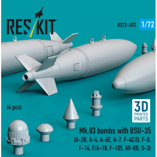 Reskit Rs72-0493 1/72 Mk83 Bombs With Bsu-35 4 Pcs A-3b A-4 A-6e A-7 F-4c/D F-8 F-14 F/A-18 F-105 Av-8b S-3 3d Printed