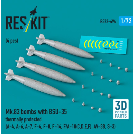 Reskit Rs72-0494 1/72 Mk83 Bombs With Bsu-35 Thermally Protected 4 Pcs A-4 A-6 A-7 F-4 F-8 F-14 F/A-18 C D E F Av-8b S-3 3d Printed