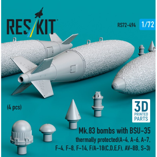 Reskit Rs72-0494 1/72 Mk83 Bombs With Bsu-35 Thermally Protected 4 Pcs A-4 A-6 A-7 F-4 F-8 F-14 F/A-18 C D E F Av-8b S-3 3d Printed