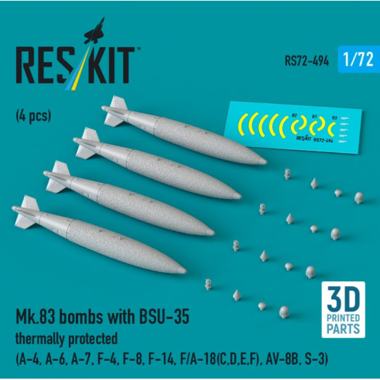 Reskit Rs72-0495 1/72 Mk83 Bombs With Bsu-85 4pcs F-14 F/A-18 Av-8b S-3 3d Printed