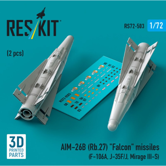 Reskit Rs72-0503 1/72 Aim-26b Rb.27 Falcon Missiles 2pcs F-106a J-35f/J Mirage 3-s 3d Printed