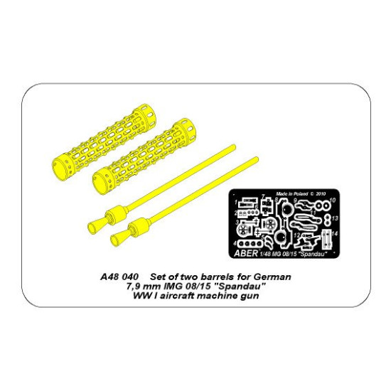 Set of two barrels for German 7.9 mm lMG 08/15 Spandau WWI aircraft machine gun 1/48 Aber 48-040 Set of two barrels for German 7.9 mm lMG 08/15 Spandau WWI aircraft machine gun 1/48 Aber 48-040