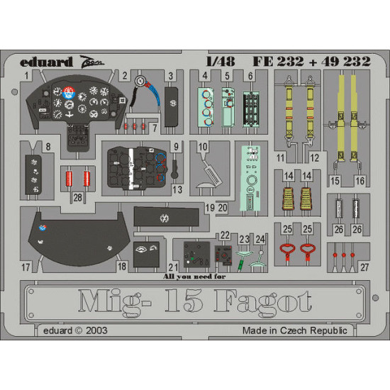 Photoetched set Mig-15 Fagot Color, for Trumpeter kit 1/48 Eduard FE232