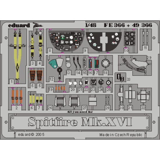 Photoetched set Spitfire Mk.IXc/XVIe Color, for Airfix kit 1/48 Eduard FE366