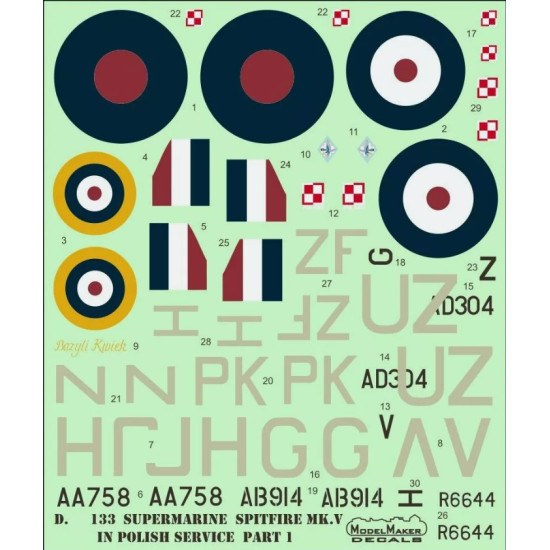 Modelmaker 1/48 D48133 Supermarine Spitfire Mk V Polish Service Part I Decal Modelmaker 1/48 D48133 Supermarine Spitfire Mk V Polish Service Part I Decal
