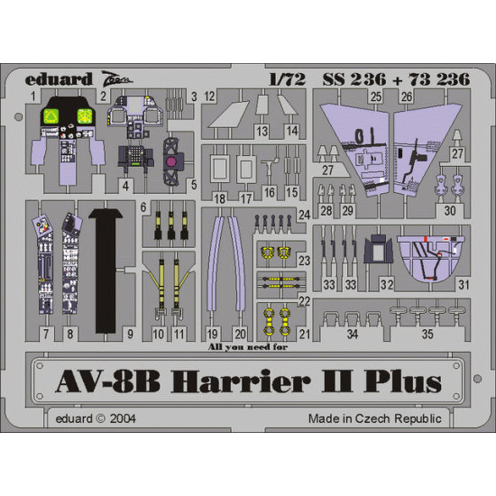 Photoetched set AV-8B Harrier II Plus Color, for Hasegawa kit 1/72 Eduard SS236