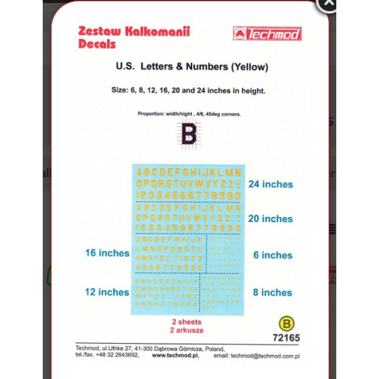 Techmod 72165 1/72 Us Letters - Numbers /Yellow/