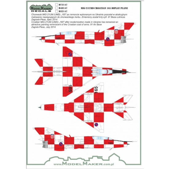 Model Maker Md32147 1/32 Mig-21umd Croatian 165 Display Plane Model Maker Md32147 1/32 Mig-21umd Croatian 165 Display Plane