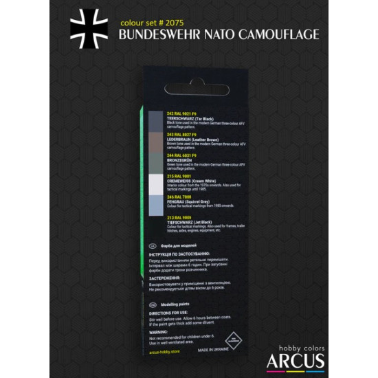 Arcus A2075 Acrylic Paints Set Bundeswehr Nato Camouflage 6 Colors In Set 10ml Arcus A2075 Acrylic Paints Set Bundeswehr Nato Camouflage 6 Colors In Set 10ml