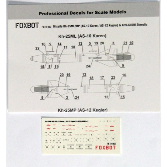 Foxbot 72-063 1/72 Missile Kh-25ml/Mp As-10 Karen / As-12 Kegier Apu-68um Stencils Foxbot 72-063 1/72 Missile Kh-25ml/Mp As-10 Karen / As-12 Kegier Apu-68um Stencils