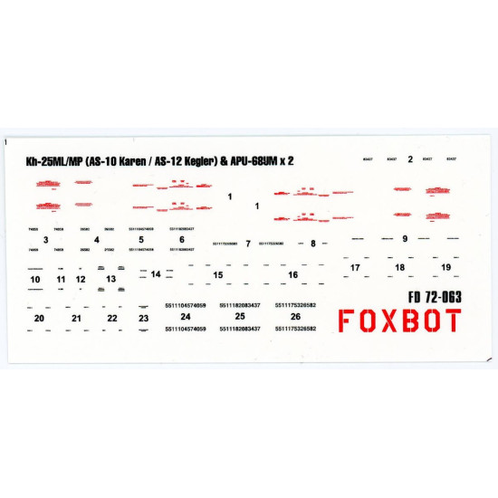 Foxbot 72-063 1/72 Missile Kh-25ml/Mp As-10 Karen / As-12 Kegier Apu-68um Stencils Foxbot 72-063 1/72 Missile Kh-25ml/Mp As-10 Karen / As-12 Kegier Apu-68um Stencils