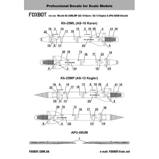 Foxbot 72-063 1/72 Missile Kh-25ml/Mp As-10 Karen / As-12 Kegier Apu-68um Stencils Foxbot 72-063 1/72 Missile Kh-25ml/Mp As-10 Karen / As-12 Kegier Apu-68um Stencils