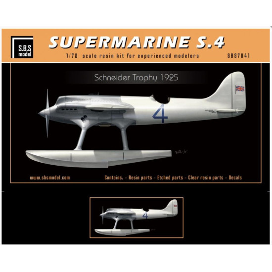 Sbs 7041 1/72 Supermarine S4 Schneider Trophy 1925 Resin Model Kit Sbs 7041 1/72 Supermarine S4 Schneider Trophy 1925 Resin Model Kit