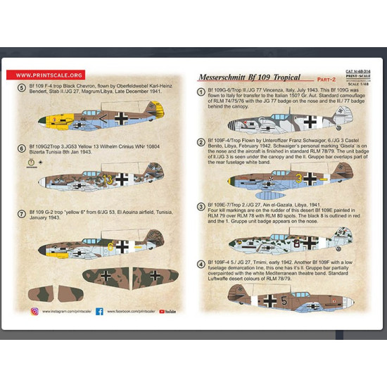 Print Scale 48-314 1/48 Messerschmitt Bf-109 Tropical Options Part 2 New