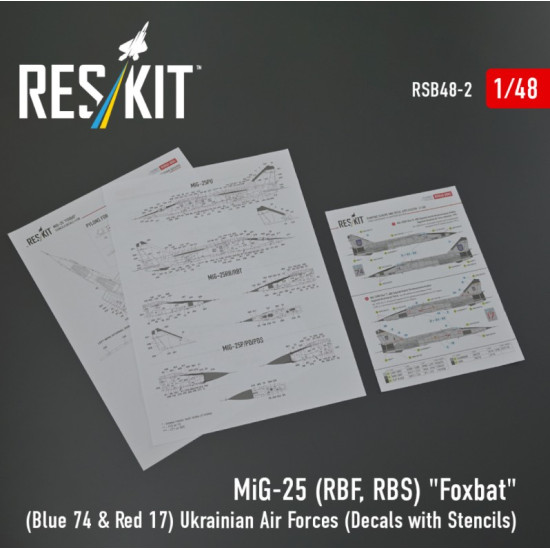 Reskit Rsb48-0002 1/48 Mig-25rbf Rbs Foxbat Blue 74 Red 17 Ukrainian Air Forces Decals With Stencils Reskit Rsb48-0002 1/48 Mig-25rbf Rbs Foxbat Blue 74 Red 17 Ukrainian Air Forces Decals With Stencils