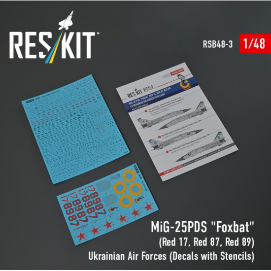 Reskit Rsb48-0003 1/48 Mig-25pds Foxbat Red 17 Red 87 Red 89 Ukrainian Air Forces Decals With Stencils Reskit Rsb48-0003 1/48 Mig-25pds Foxbat Red 17 Red 87 Red 89 Ukrainian Air Forces Decals With Stencils