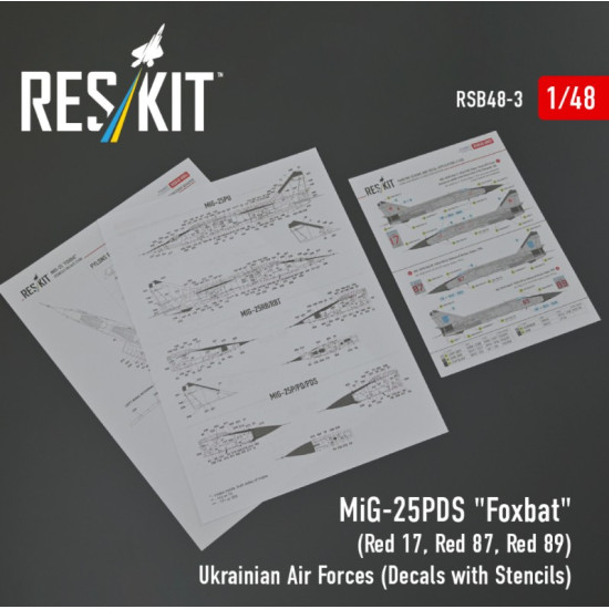 Reskit Rsb48-0003 1/48 Mig-25pds Foxbat Red 17 Red 87 Red 89 Ukrainian Air Forces Decals With Stencils Reskit Rsb48-0003 1/48 Mig-25pds Foxbat Red 17 Red 87 Red 89 Ukrainian Air Forces Decals With Stencils