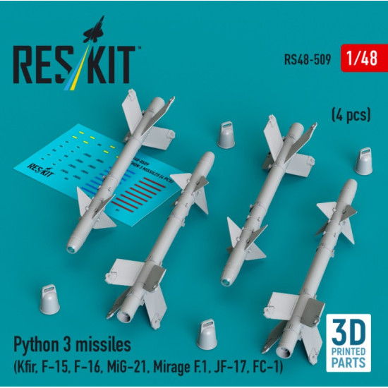 Reskit Rs48-0509 1/48 Python 3 Missiles 4 Pcs Kfir F-15 F-16 Mig-21 Mirage F1 Jf-17 Fc-1 3d Printed Reskit Rs48-0509 1/48 Python 3 Missiles 4 Pcs Kfir F-15 F-16 Mig-21 Mirage F1 Jf-17 Fc-1 3d Printed